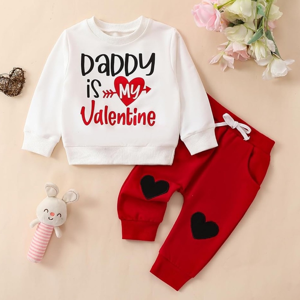Infant Toddler Baby Girl Daddy is my Valentine Sweatsuit Set Sweatshirt Heart